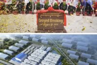 From top: A groundbreaking ceremony for the Rianlon Malaysia R&D and Manufacturing Base in January. A rendering of Rianlon's R&D and manufacturing base in Malaysia. PHOTOS PROVIDED TO CHINA DAILY