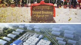From top: A groundbreaking ceremony for the Rianlon Malaysia R&D and Manufacturing Base in January. A rendering of Rianlon's R&D and manufacturing base in Malaysia. PHOTOS PROVIDED TO CHINA DAILY